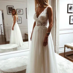Tulle Lace A-Line V-Neck Bridal Gown with Built-in Bra
