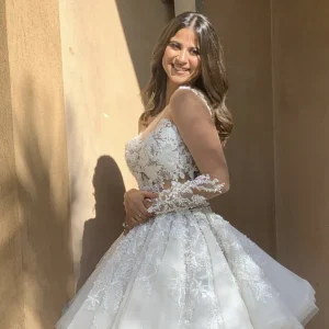 A-Line Short Wedding Dress with Lace Appliques and Long Sleeves