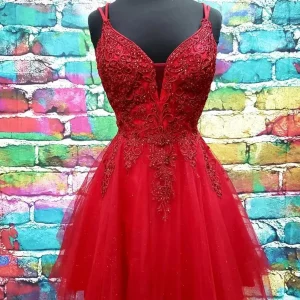 A-Line V-Neck Short Lace Prom Dress Tulle Sleeveless Lace-Up