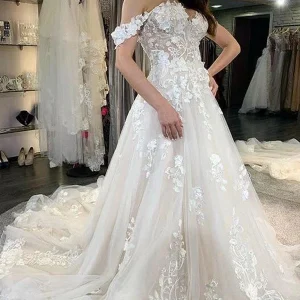 A-Line Deep V-Neck Backless Wedding Dress Long Sleeves Pearl Appliques Lace