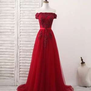 Elegant Burgundy Off-Shoulder Tulle Lace Applique Long Prom Evening Dress
