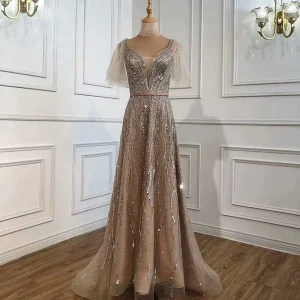Elegant Taupe Short Sleeves V Neck A Line Prom Dress