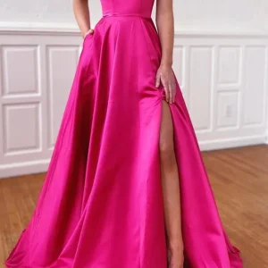 Vibrant Fuchsia Strapless A-Line Prom Dress with Pockets and Elegant Side Split