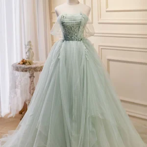 A-Line Off Shoulder Tulle Green Long Prom Dresses with Beading Details