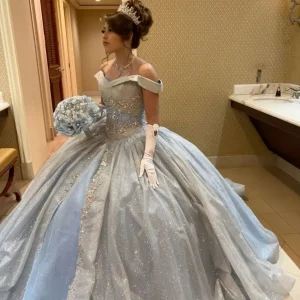 A-Line Light Blue Off-Shoulder Quinceañera Ball Gown with Tulle