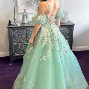A-Line Appliques Plunge V Tulle Long Prom Dress with Sleeves