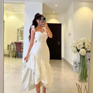 White Satin Ruffle Mermaid Strap Prom Party Gown