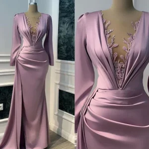 Vintage Satin Long Sleeve Illusion V Neck Mermaid Evening Dress