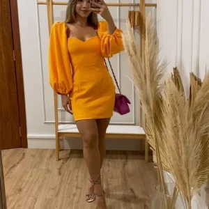 Women's Satin Puff Sleeve Orange Homecoming Dress with Built-in Bra