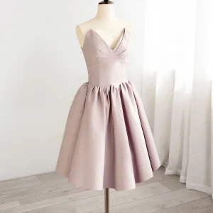 Robe de soirée courte en satin rose pâle à col en V, robe de danse de 8e année