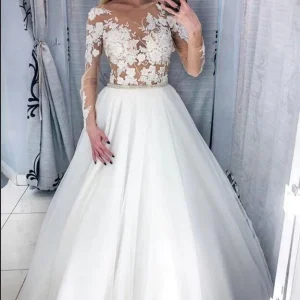 A-Line Crystal Wedding Dress Deep V-Neck Floor-Length with Appliques Lace