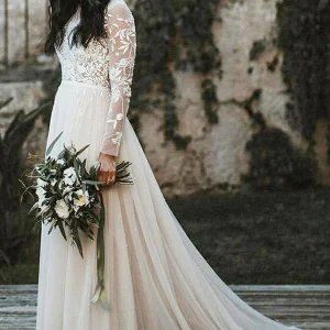 Elegant A-Line Lace Long Sleeve Wedding Dress with Sweep Train and Scoop Neck