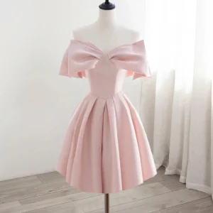 Adorable Pink Satin Short Homecoming Dress Graduation Dress with Big Bow Front