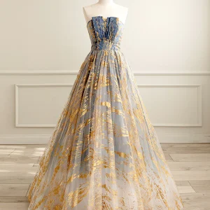 A-Line Tulle Or|Bleu Longue Robe de Bal | Robe de soirée formelle bleue