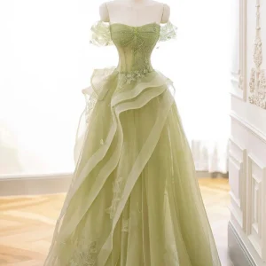 A-Line Off Shoulder Tulle Lace Green Long Prom Formal Dress