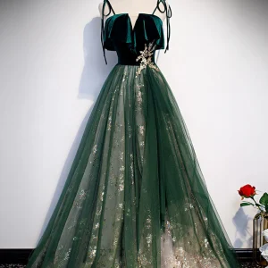 Beautiful Green Tulle Lace Long Prom Dress