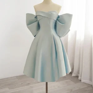 Strapless Light Blue Satin A-line Homecoming Dress with Bow