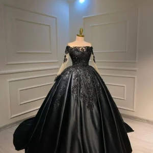 Black Off Shoulders Ball Gown Satin Long-Sleeve Prom Dress with Slit