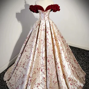 A-Line Off Shoulder Satin Velvet Long Prom Dress Champagne