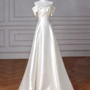 A-Line Off Shoulder Satin Beige Long Prom Formal Evening Dress