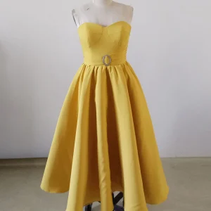 Strapless Yellow Calf Length Prom Dress Bridesmaid Dresses