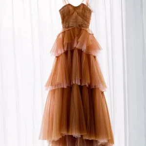 Brown Tulle Ball Gown Prom Dress Lace-Up Sleeveless Full Skirt