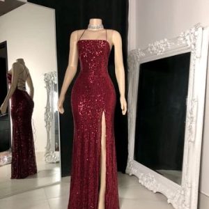 Burgundy Sequin Long Evening Prom Dress Special Occasion Gowns