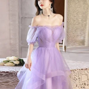 Off The Shoulder Ruffle Lavender Sheer Homecoming Dress