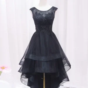 A-Line Lace Tulle Black Short Prom Dress | High Low Black Homecoming Dress