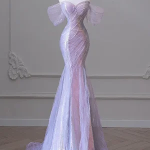 Women's Elegant Puff Sleeves Tassel Pearls Tulle Evening Prom Gown Dress