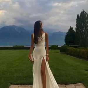 Beautiful Spaghetti Straps Satin Sleeveless Mermaid White Prom Dress