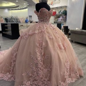 Beautiful Pink Lace Long Prom Ball Gown Sweet 16 Dresses