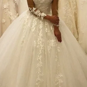 Elegant Bateau Long Sleeve A-Line Wedding Dress with Lace Appliques