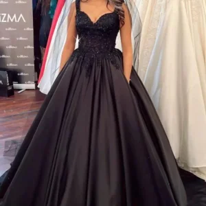 Black Sweetheart Wide Strap Ball Gown Floor-Length Wedding Dress with Ruffles