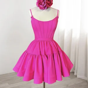 Hot Pink Boat Neck Spaghetti Strap Short Homecoming Dress
