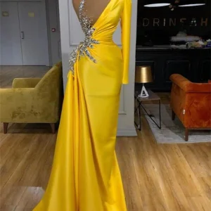 Yellow One-Shoulder Long Sleeve Mermaid Prom Dress with Crystal Detail