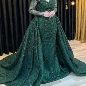 Elegant Glitter Green Mermaid Long Sleeve Prom Dress