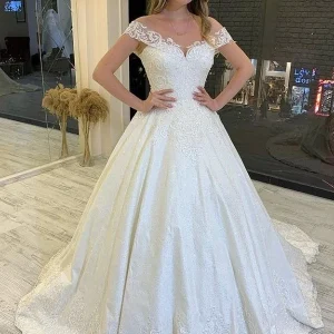 Classy A-Line Off-the-Shoulder Wedding Dress with Lace Appliques and Train