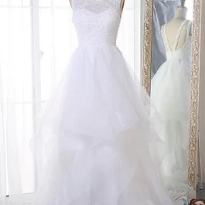A-ligne bijou cou organza princesse robe de mariée blanche | Robe De Mariee