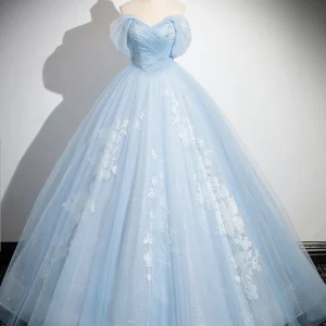 Beautiful Off Shoulder Blue Long Prom Dress Sweet 16 Tulle Lace