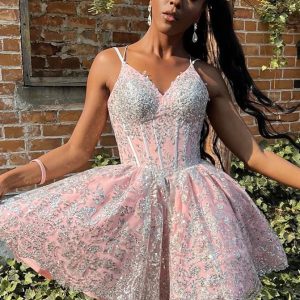 Robe de soirée rose fille noire avec dentelle argentée