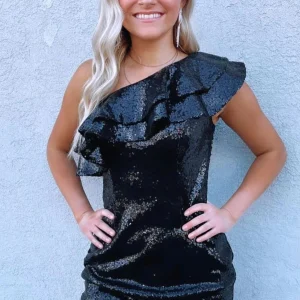 Robe de soirée noire à une épaule et à paillettes pour juniors