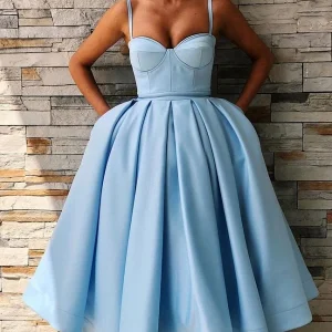 Robe de bal courte vintage bleue, longueur thé, robe de soirée