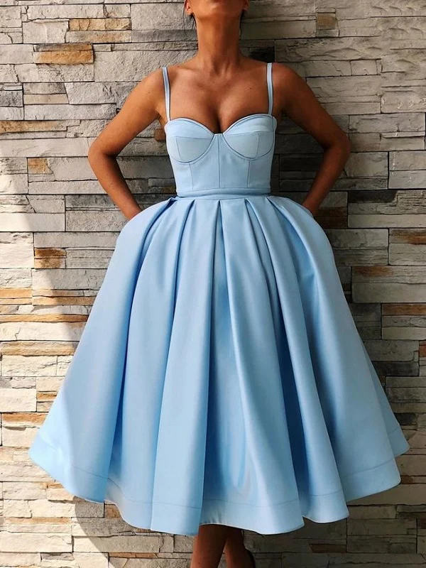 Robe de bal courte vintage bleue, longueur thé, robe de soirée