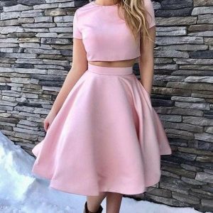 Robe de bal courte deux pièces rose blush avec manches courtes | Robe de remise des diplômes