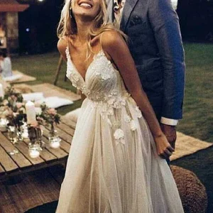 Boho Dos Nu Col en V Belle Robe de Mariée | Robe de mariée bohème en tulle