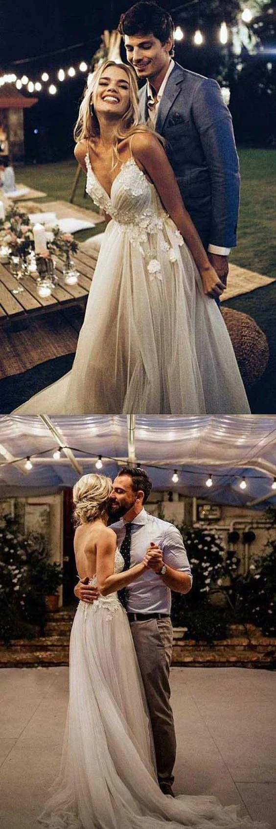 Boho Dos Nu Col en V Belle Robe de Mariée | Robe de mariée bohème en tulle – Image 2