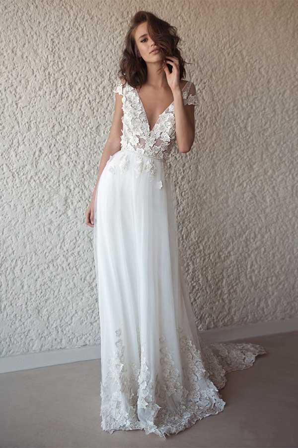 Boho Flowy Voir à travers la robe de mariée d'été avec des appliques de dentelle 3D