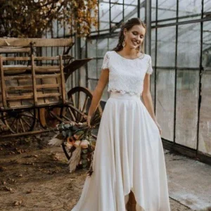 Cap Manches Dentelle Mariée Sépare | Robe de mariée deux pièces avec haut court et jupe en mousseline Hi-Lo