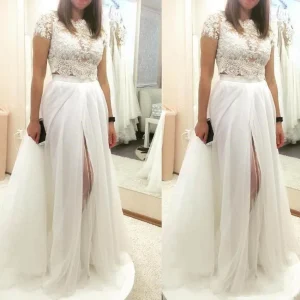 Cap Manches Dentelle Crop Top Mariée Sépare | Robe de mariée deux pièces avec fente